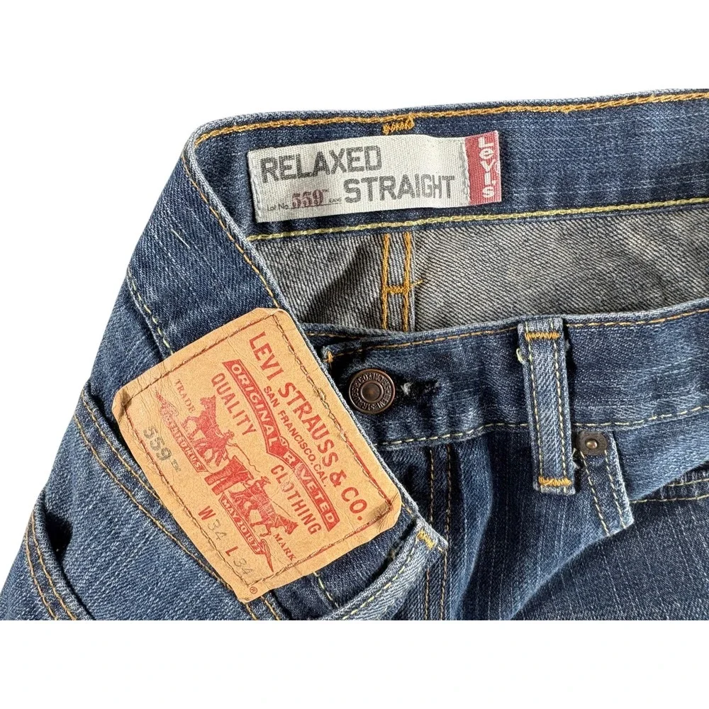 VTG Levi's 559 Relaxed Straight Fit Jeans Mens 34x34 Blue Whiskering Dark Wash